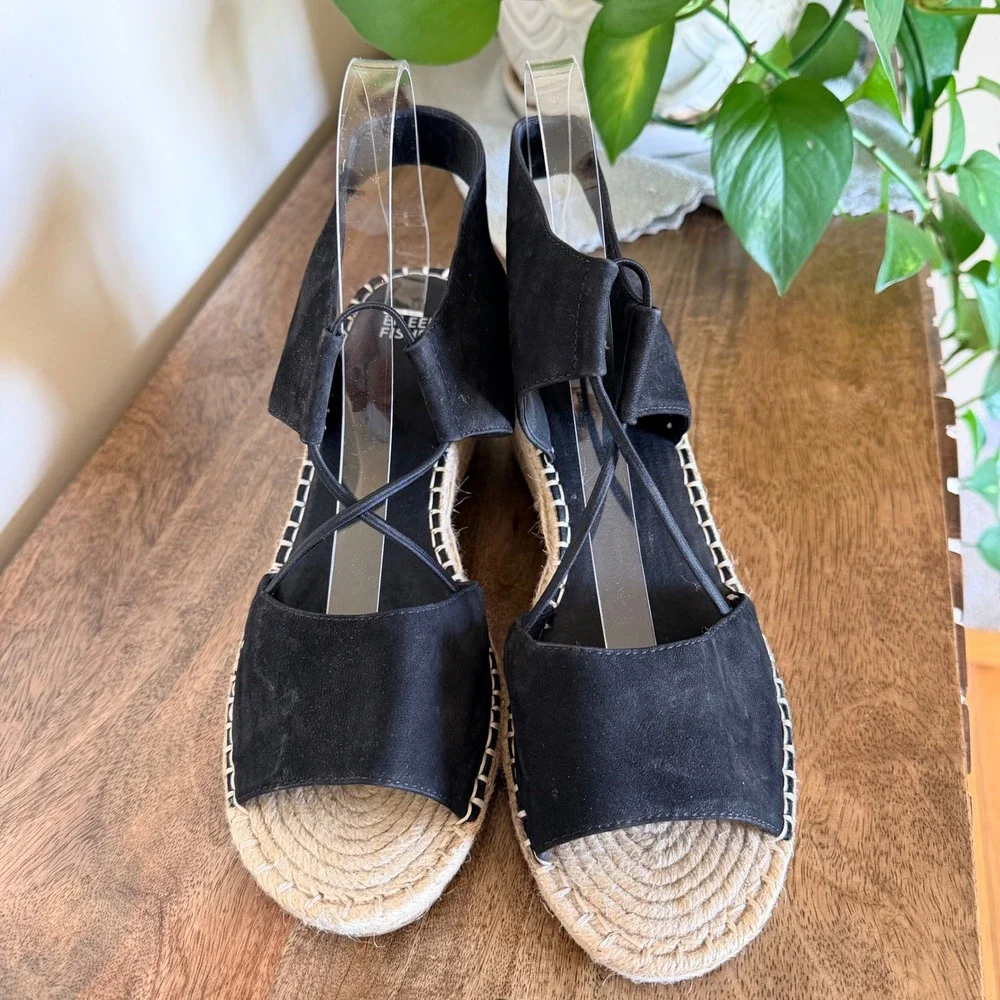 Eileen Fisher Agnes Espadrille Wedge Sandal Size 10 Black Suede Summer Boho Chic